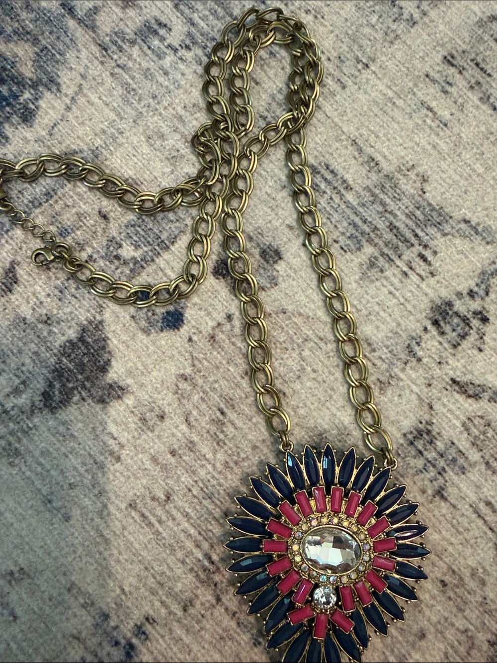 Stella & Dot Gold-Tone Necklace with Pink and Navy Sunburst Pendant